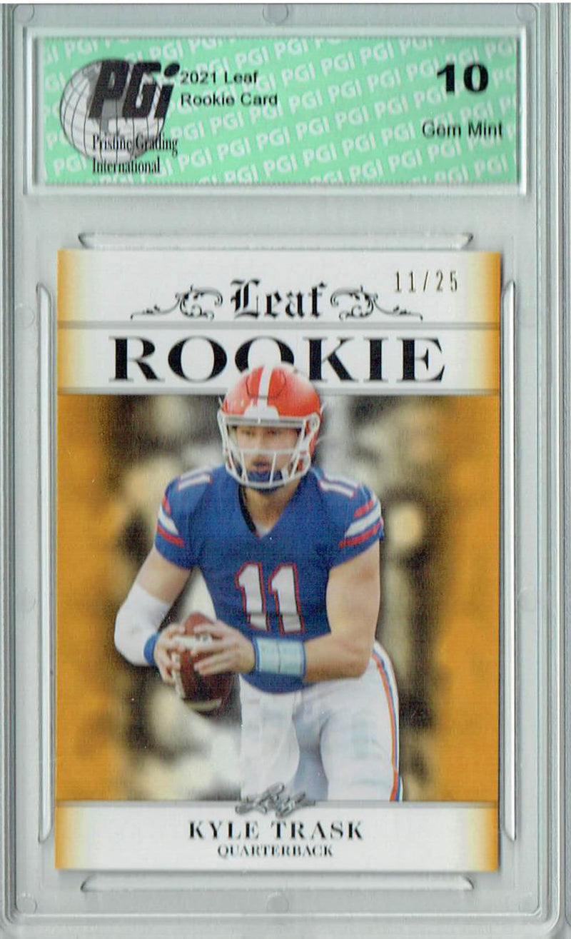 Kyle Trask Rookie Card Tampa Bay PGI 10 Gem Mint Football Trading Card 2021 Leaf Exclusive #2 Gold, Jersey #11 of 25