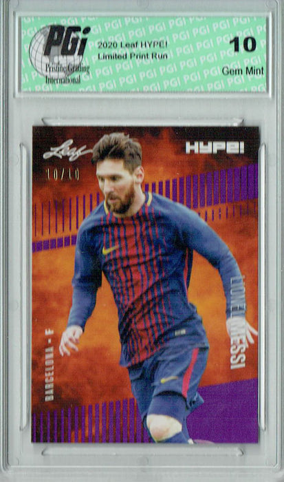 Lionel Messi  2020 Leaf HYPE! #46 Purple, Jersey #10 of 10 Rare Card PGI 10