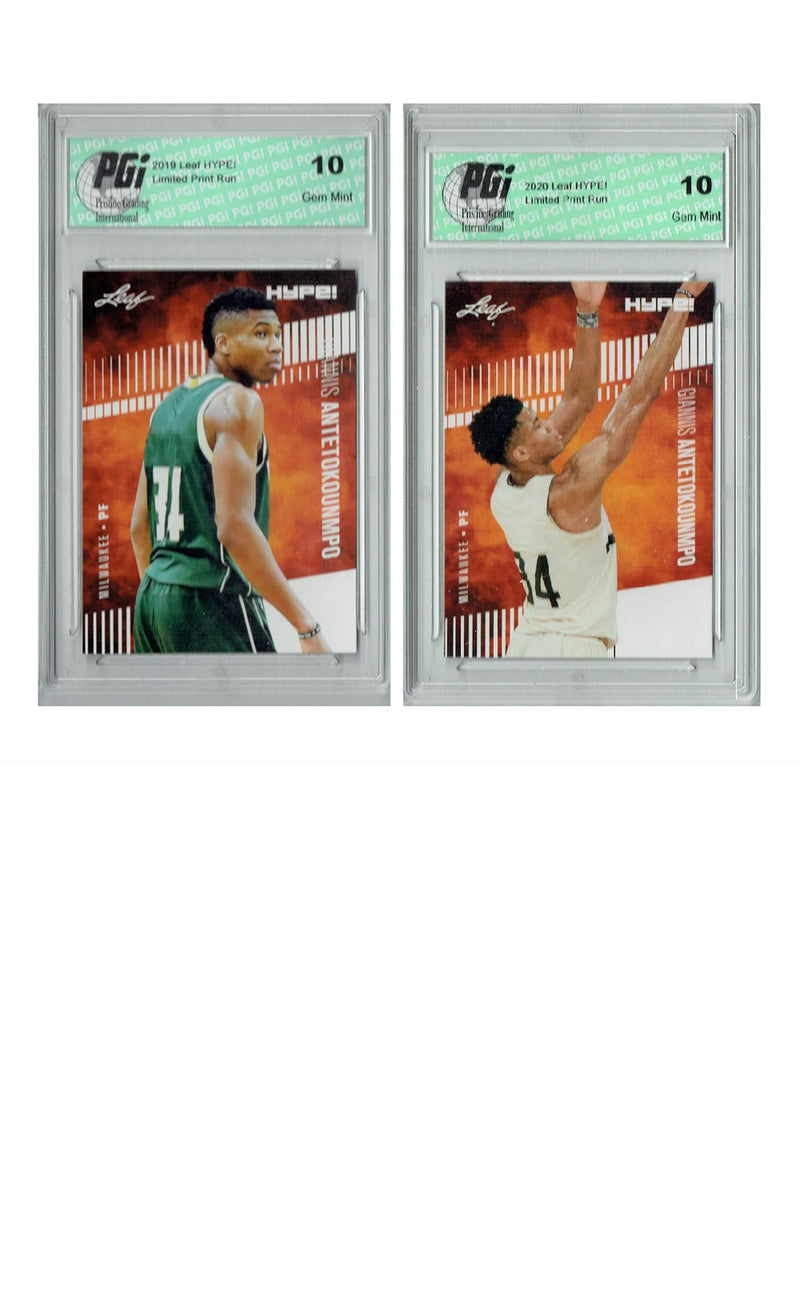 2) Giannis Antetokounmpo 2019 Leaf HYPE! #32, 2021 #48 SP Card Lot PGI 10 Bucks