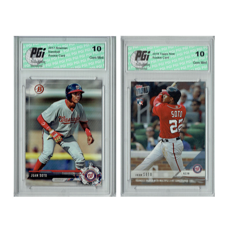 2) Juan Soto 2017 Bowman #BD-162, 2018 Topps Now #279 Rookie Card Lot PGI 10
