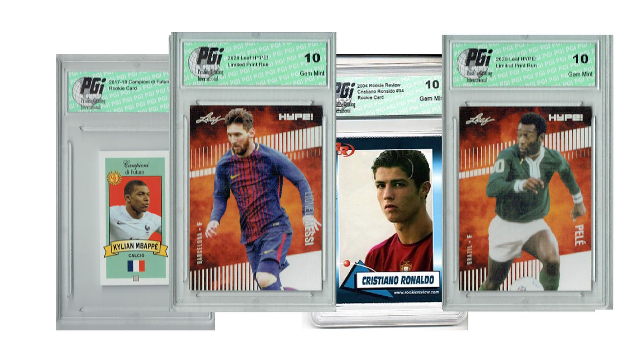 4) Mbappe Pele Lionel Messi Ronaldo 2020 Leaf HYPE Card GOAT! Lot All PGI 10