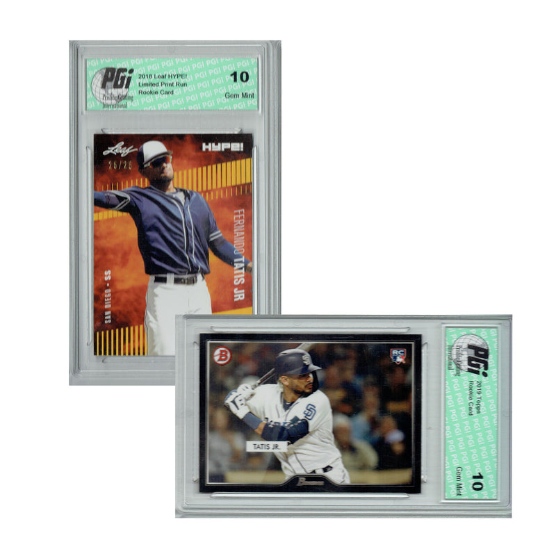 Fernando Tatis Jr. 2019 Topps, 2018 Leaf HYPE 1 of 25 Rookie Card 2-Pack PGI 10
