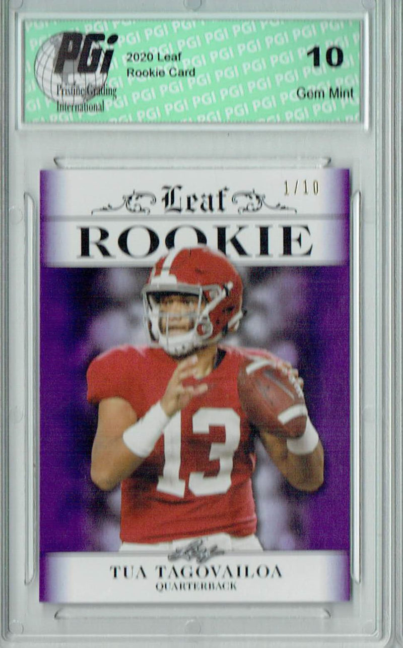 Tua Tagovailoa Rookie Card Miami PGI 10 Gem Mint Football Trading Card 2020 Leaf Exclusive #5 Purple, The 1 of 10